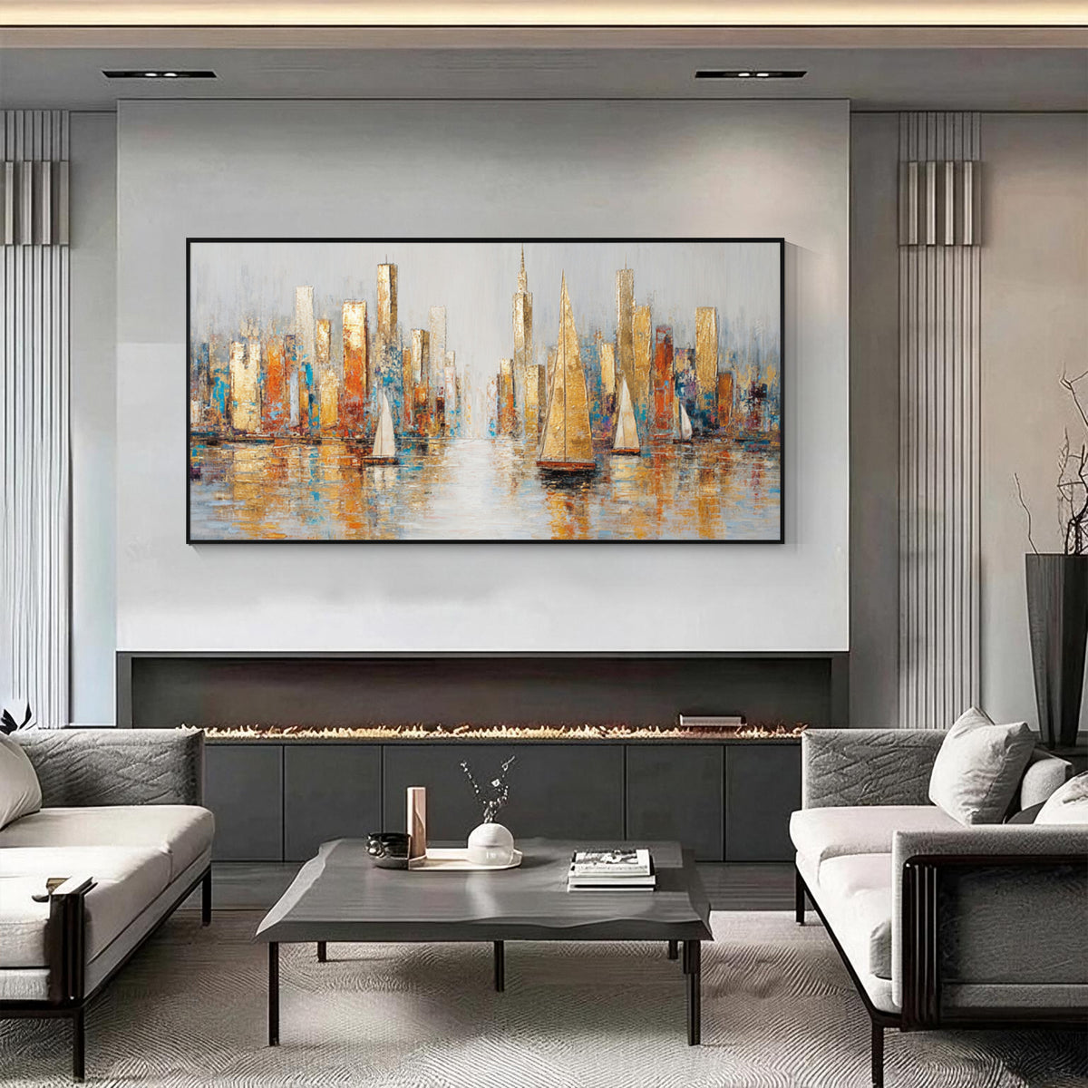 Abstract cityscape and sailboat wall art with black frame displayed above a fireplace in a modern living room