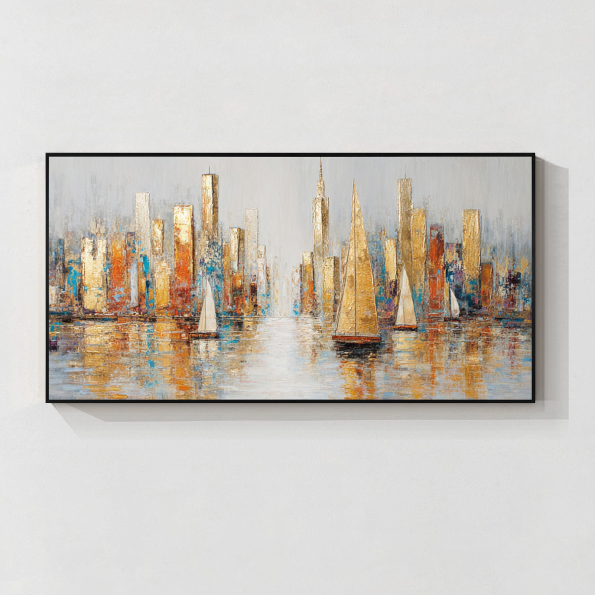 Abstract cityscape and sailboat wall art with black frame featuring textured gold, blue and orange tones