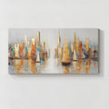 Abstract cityscape wall art with sailboats featuring gold, blue and orange textured brushwork