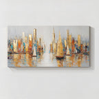 Abstract cityscape wall art with sailboats featuring gold, blue and orange textured brushwork