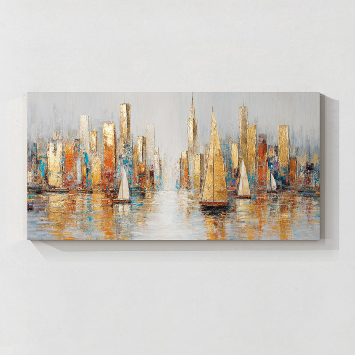 Abstract cityscape wall art with sailboats featuring gold, blue and orange textured brushwork