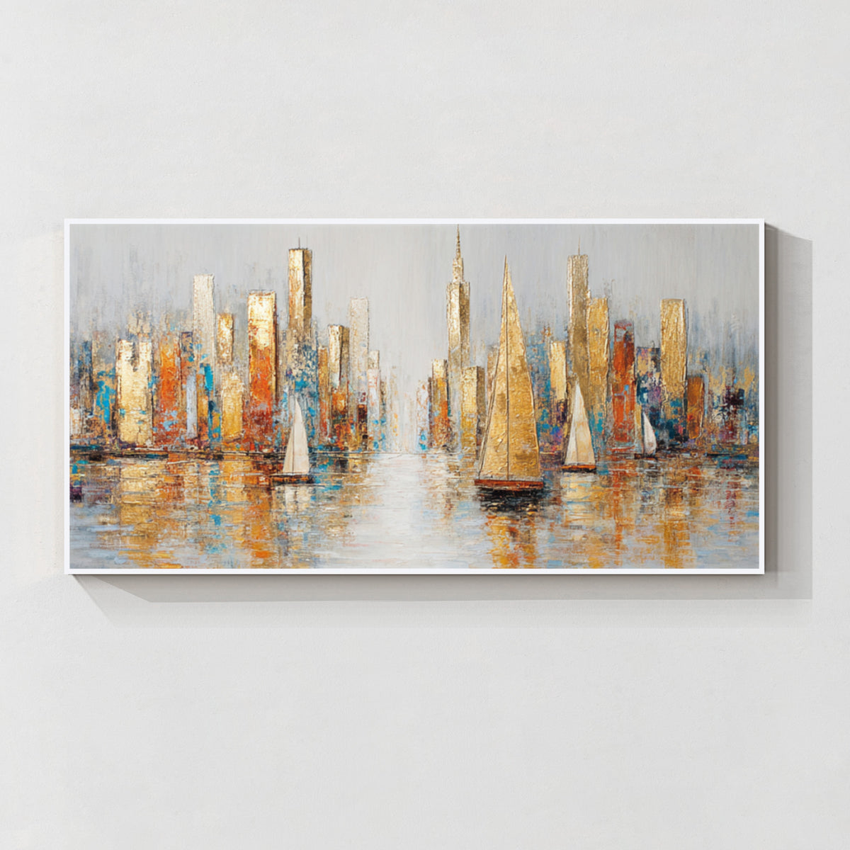 Abstract cityscape and sailboat wall art with white frame featuring textured gold, blue and orange tones