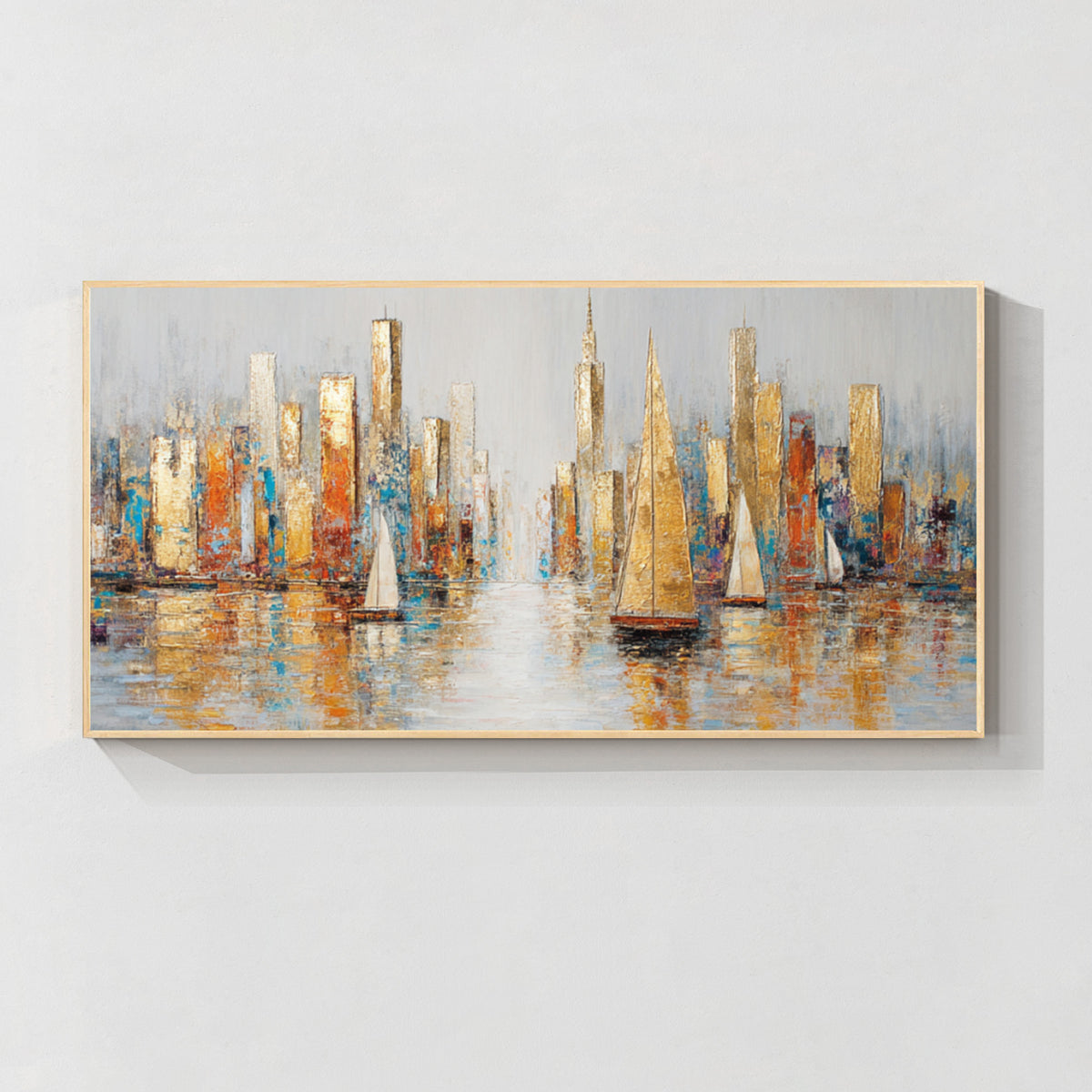 Abstract cityscape and sailboat wall art with wood frame featuring textured gold, blue and orange tones