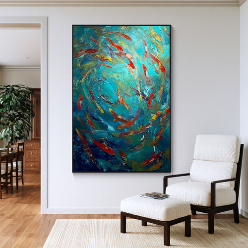 Abstract school of fish canvas wall art with black frame displayed in a modern living room