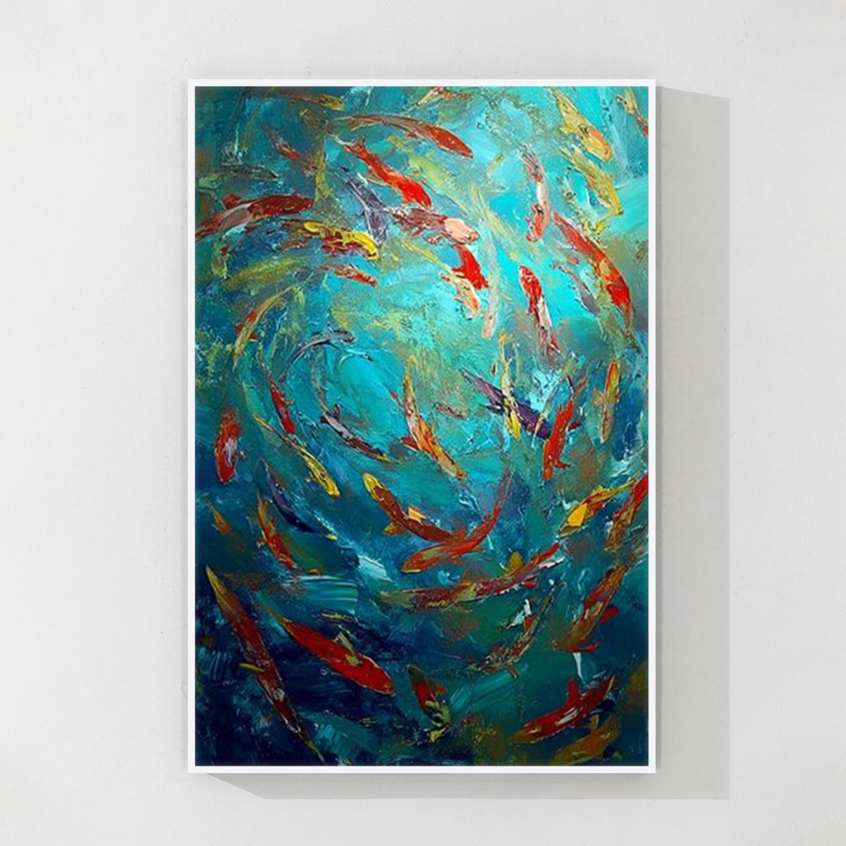 Abstract school of fish canvas wall art with white frame and colorful textured details