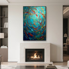 Abstract school of fish painting with black frame displayed above a fireplace in a modern living room