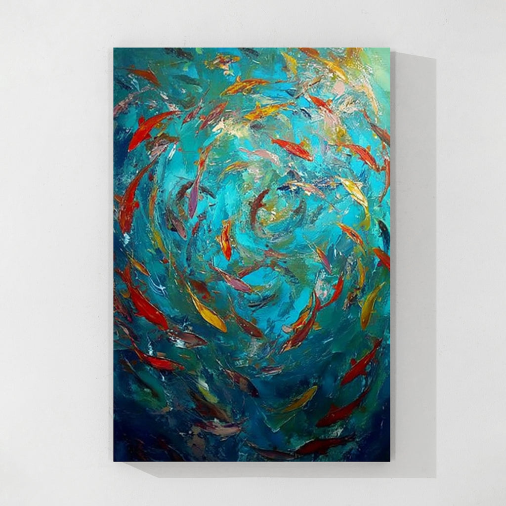 Abstract fish school painting canvas wall art with colorful fish shapes and textured brush strokes