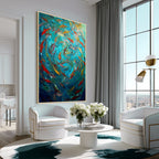 Abstract fish school painting with gold frame, colorful modern wall art for living room decor