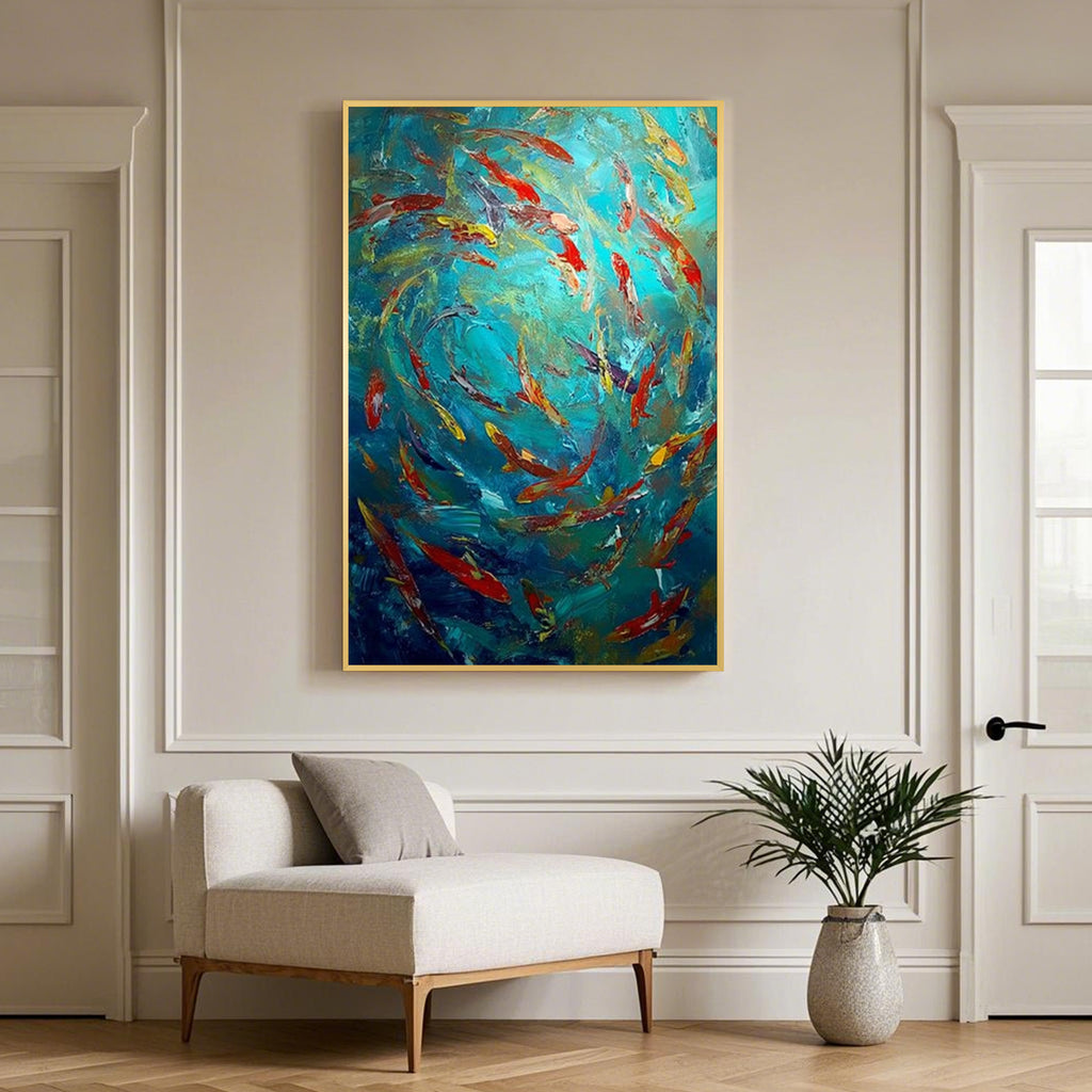 Abstract fish school painting with white frame, colorful ocean inspired wall art for modern home decor