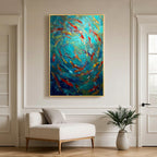Abstract fish school painting with white frame, colorful ocean inspired wall art for modern home decor