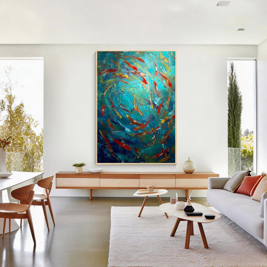 Abstract fish school painting with wood frame displayed in a modern living room