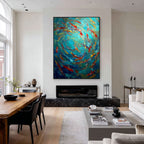 Abstract school of fish wall art with black frame displayed above a fireplace in a modern living room