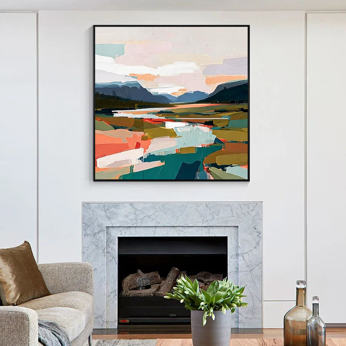 Modern abstract landscape mountain valley wall art with black frame featuring colorful fields, mountains and textured painting for contemporary home decor