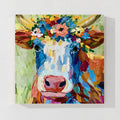 Colorful Floral Crown Cow Canvas Wall Art
