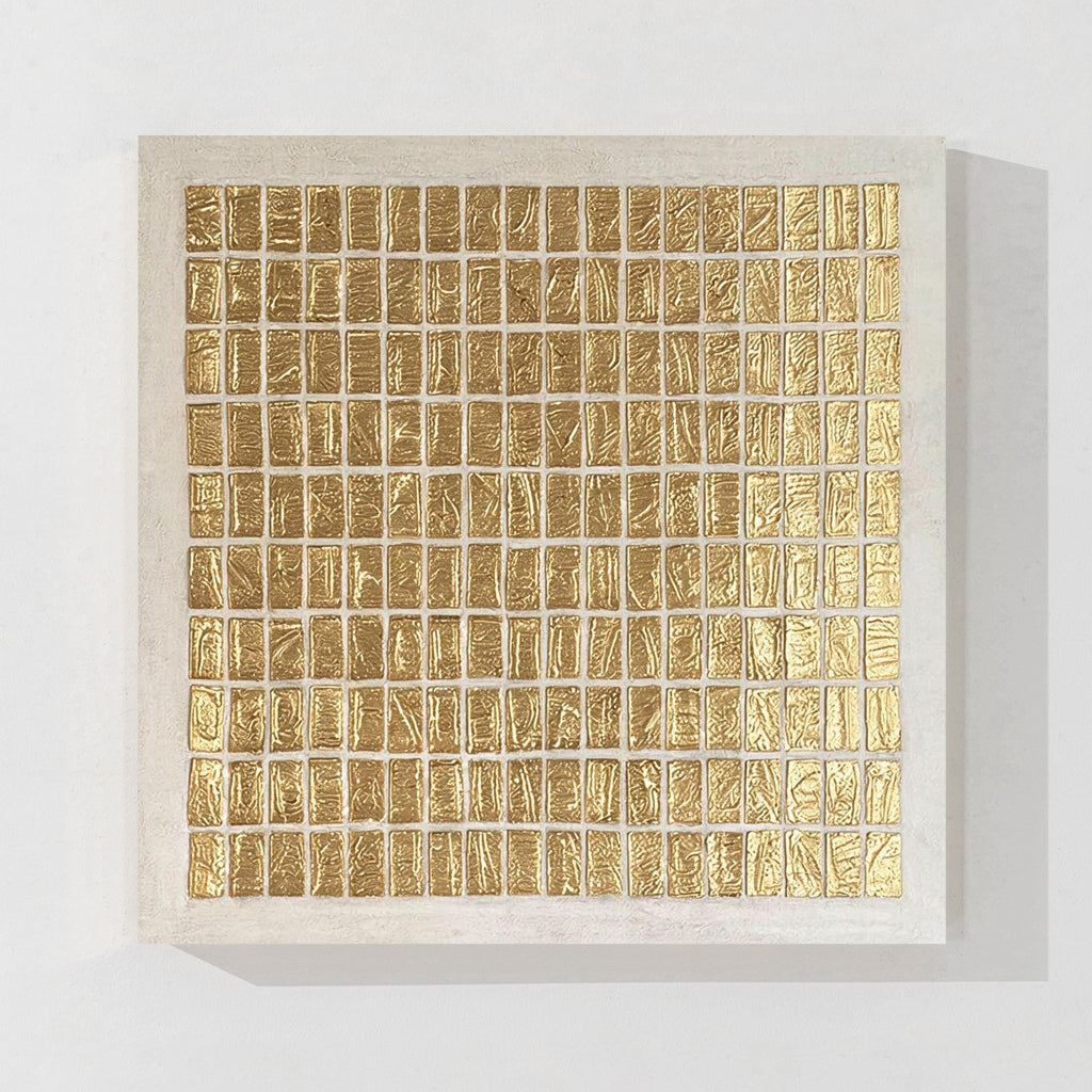 Goldenes geometrisch-abstraktes, strukturiertes Leinwand-Wandbild