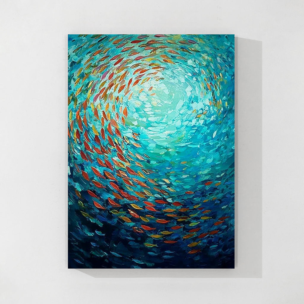 Abstrakte Ozean-Wandkunst mit buntem Fischschwarm