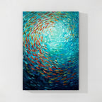 Abstrakte Ozean-Wandkunst mit buntem Fischschwarm