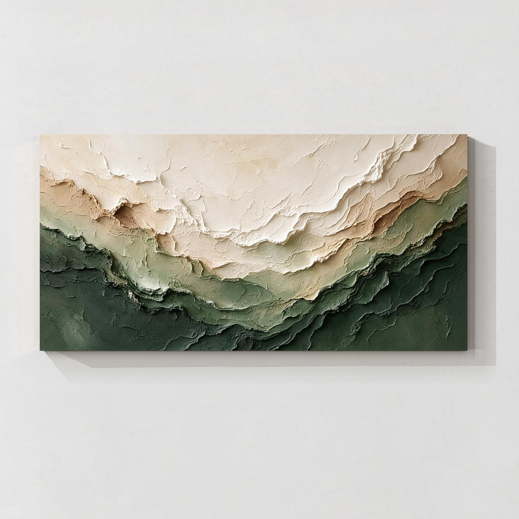 Abstraktes, strukturiertes Leinwandbild in Grün und Beige