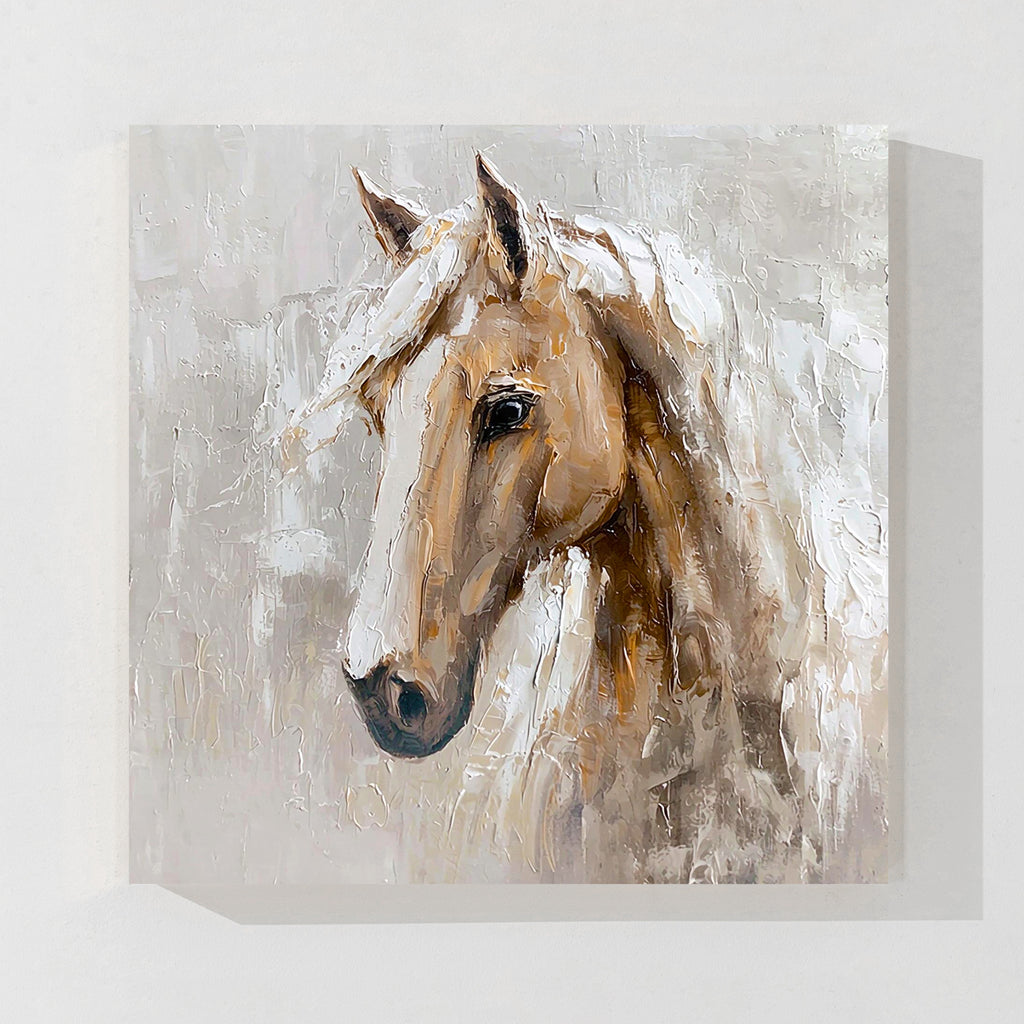 Abstract White Horse Oil Painting, Neutral Beige Textured Wall Art