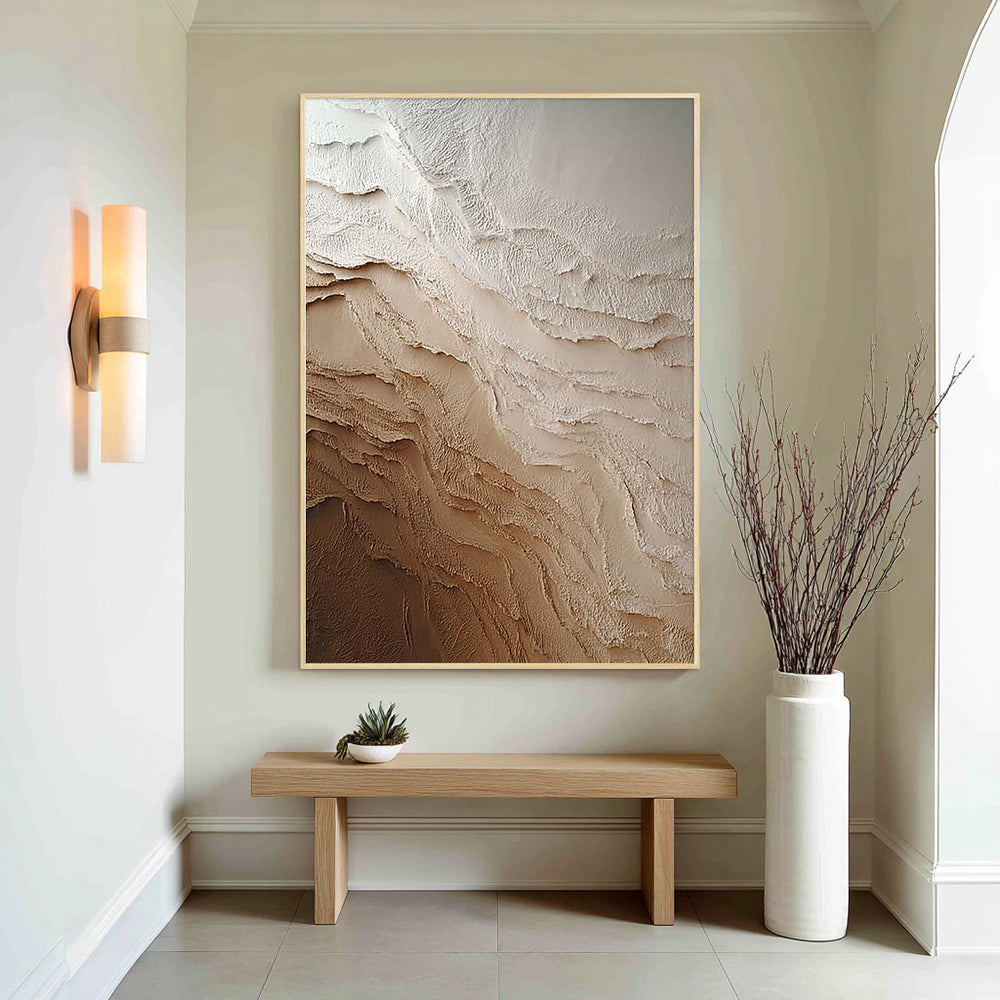 Neutral beige textured abstract wall art in modern home interior