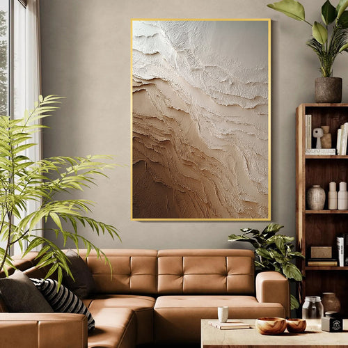 Modern living room with beige textured abstract wall art canvas