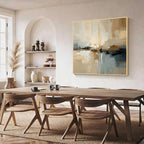 Beige and blue abstract wall art with gold frame, modern dining room decor and luxury home interior