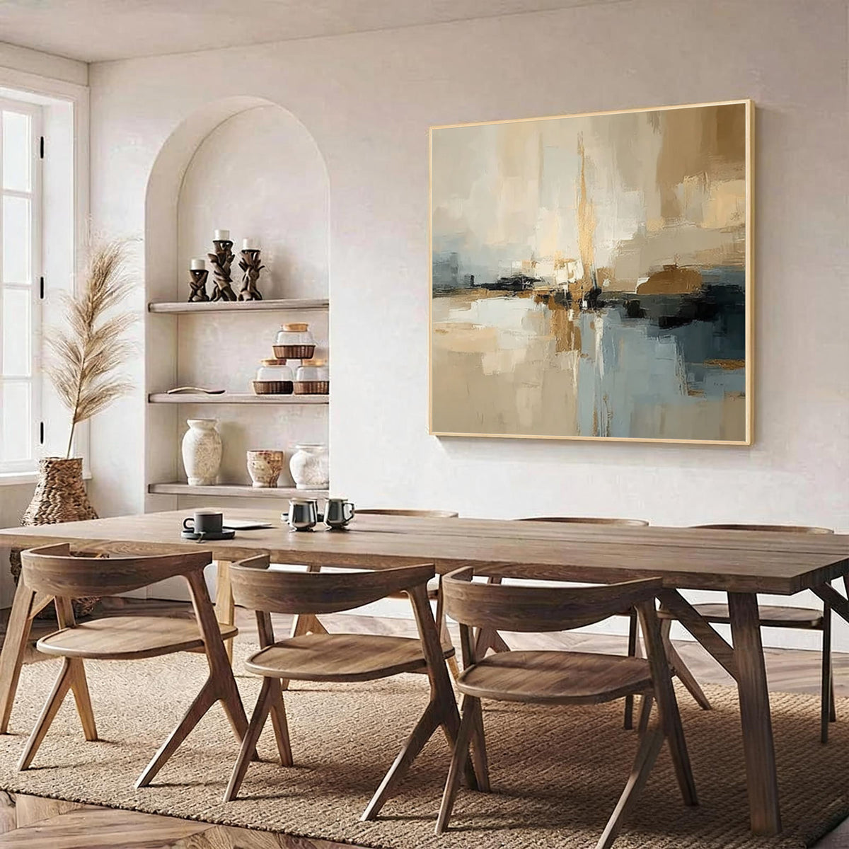 Beige and blue abstract wall art with gold frame, modern dining room decor and luxury home interior
