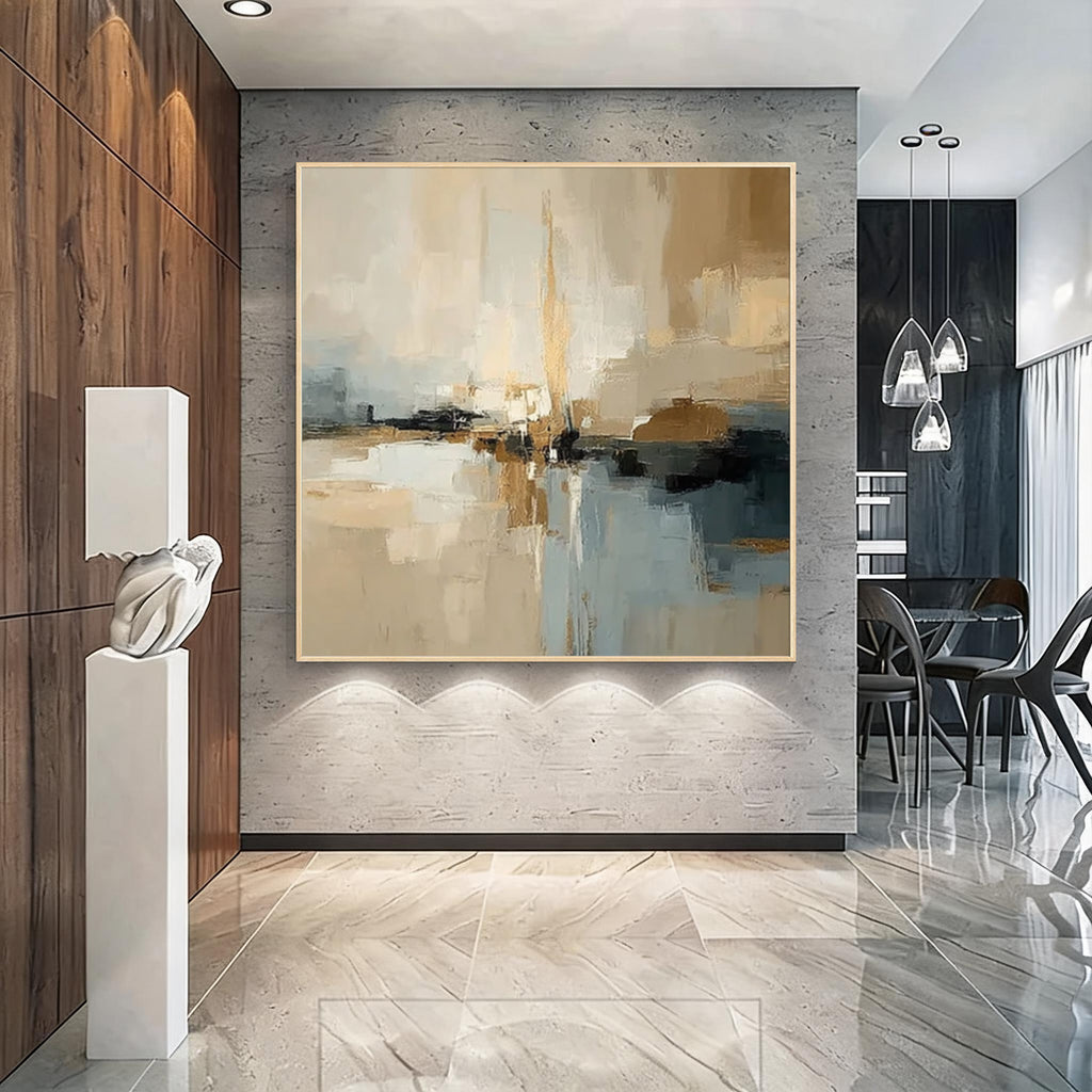 Beige and blue abstract wall art with gold frame, modern luxury home decor for contemporary living room