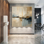 Beige and blue abstract wall art with gold frame, modern luxury home decor for contemporary living room