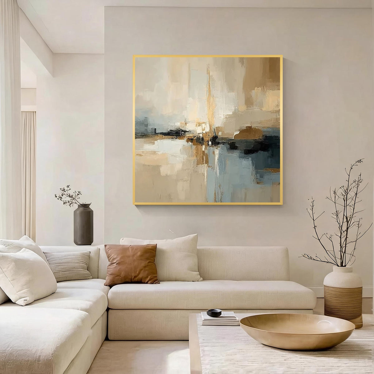 Beige and blue abstract wall art with gold frame, modern luxury living room decor