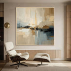 Beige and blue modern abstract painting with gold frame, luxury wall art for contemporary living room