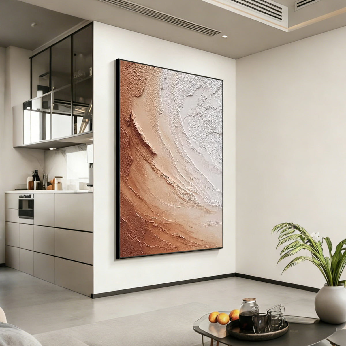 Beige and brown textured abstract wall art with black frame displayed in a modern interior, featuring layered organic patterns and minimalist contemporary home decor