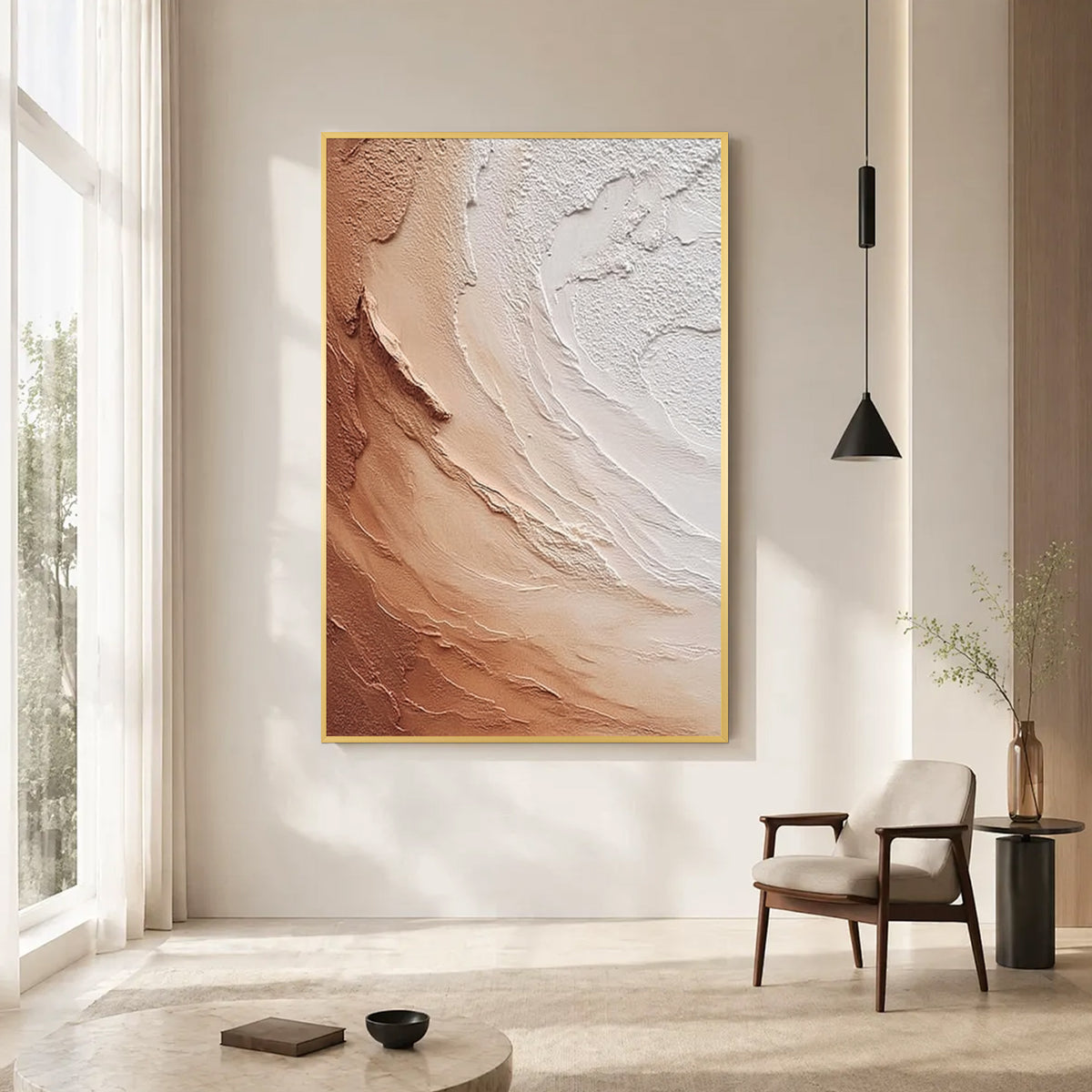 Beige and brown textured abstract wall art with gold frame displayed in a modern living room, featuring layered organic patterns and minimalist neutral home decor