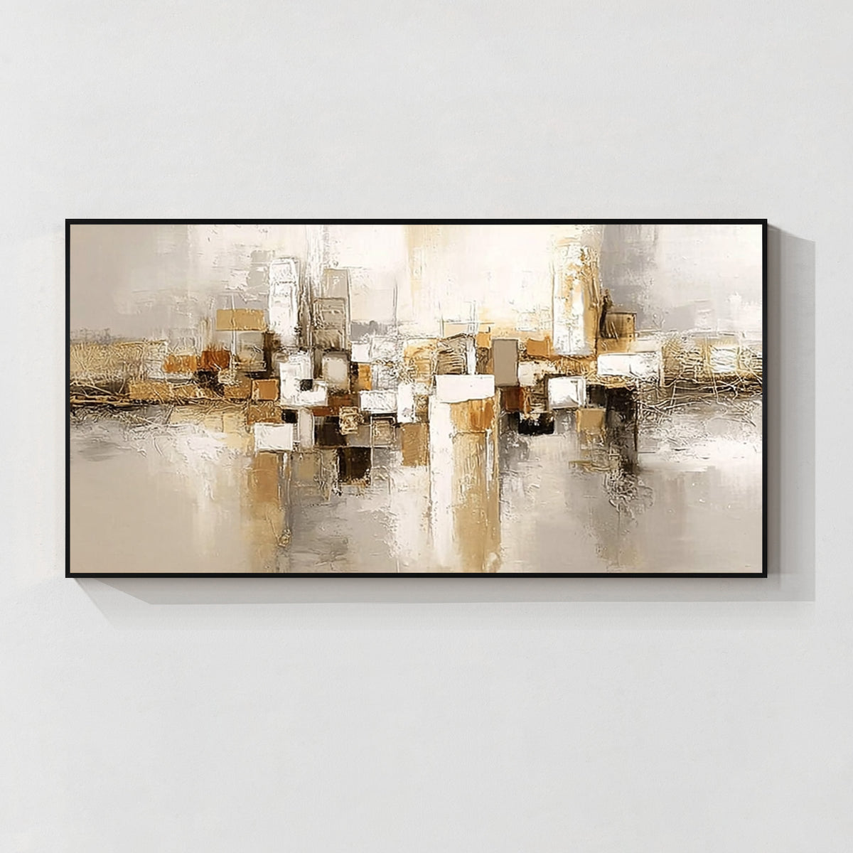 Beige gold geometric abstract wall art with black frame, contemporary textured canvas painting for modern home decoration