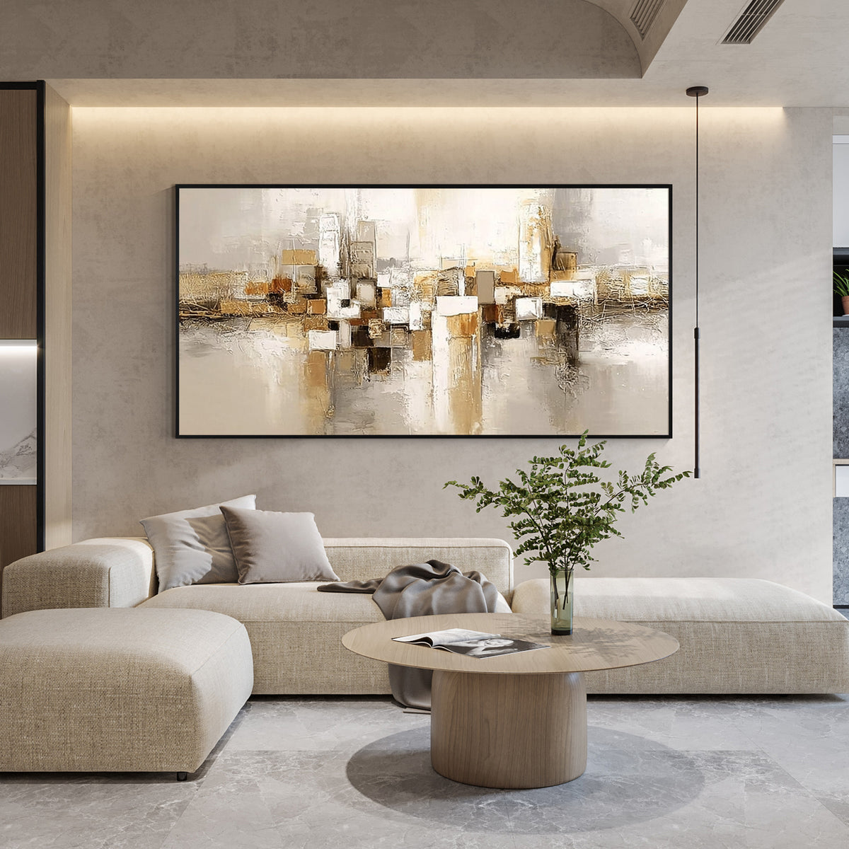 Beige gold geometric abstract wall art with black frame displayed in a modern living room, textured canvas painting with neutral tones and contemporary design