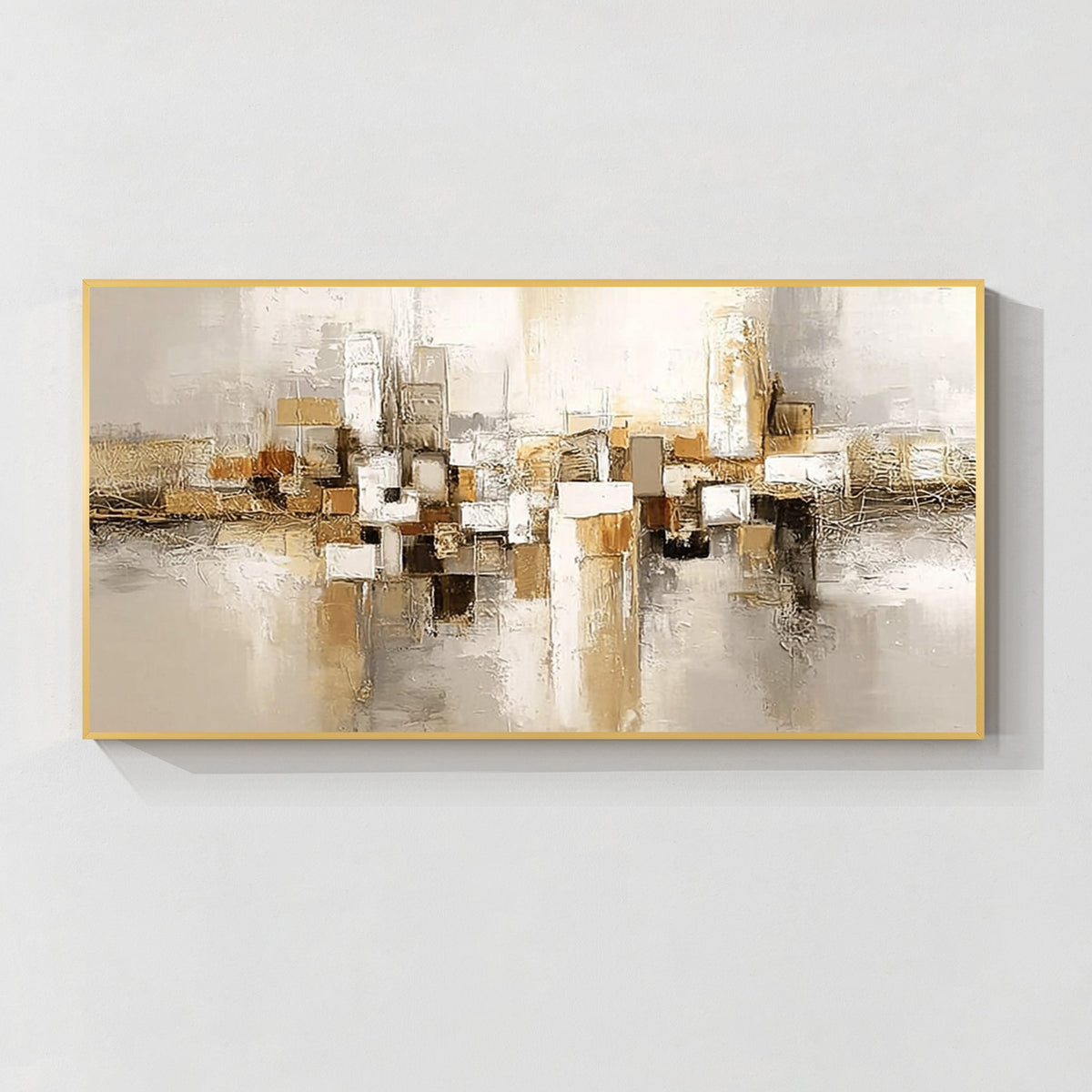 Beige gold geometric abstract wall art with gold frame, modern textured canvas painting displayed in an elegant living room interior