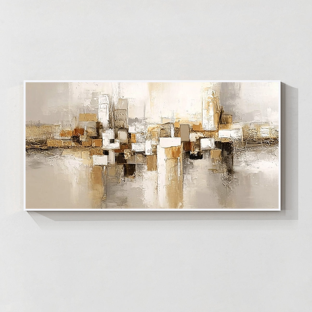 Beige gold geometric abstract wall art with white frame, minimalist textured canvas artwork for contemporary interior decor