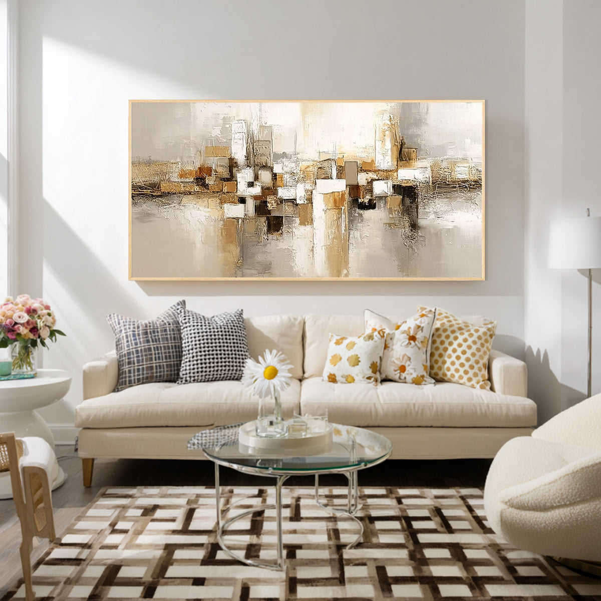 Beige and gold textured abstract canvas wall art with gold frame displayed in a modern living room, elegant horizontal painting with neutral tones for contemporary home decor