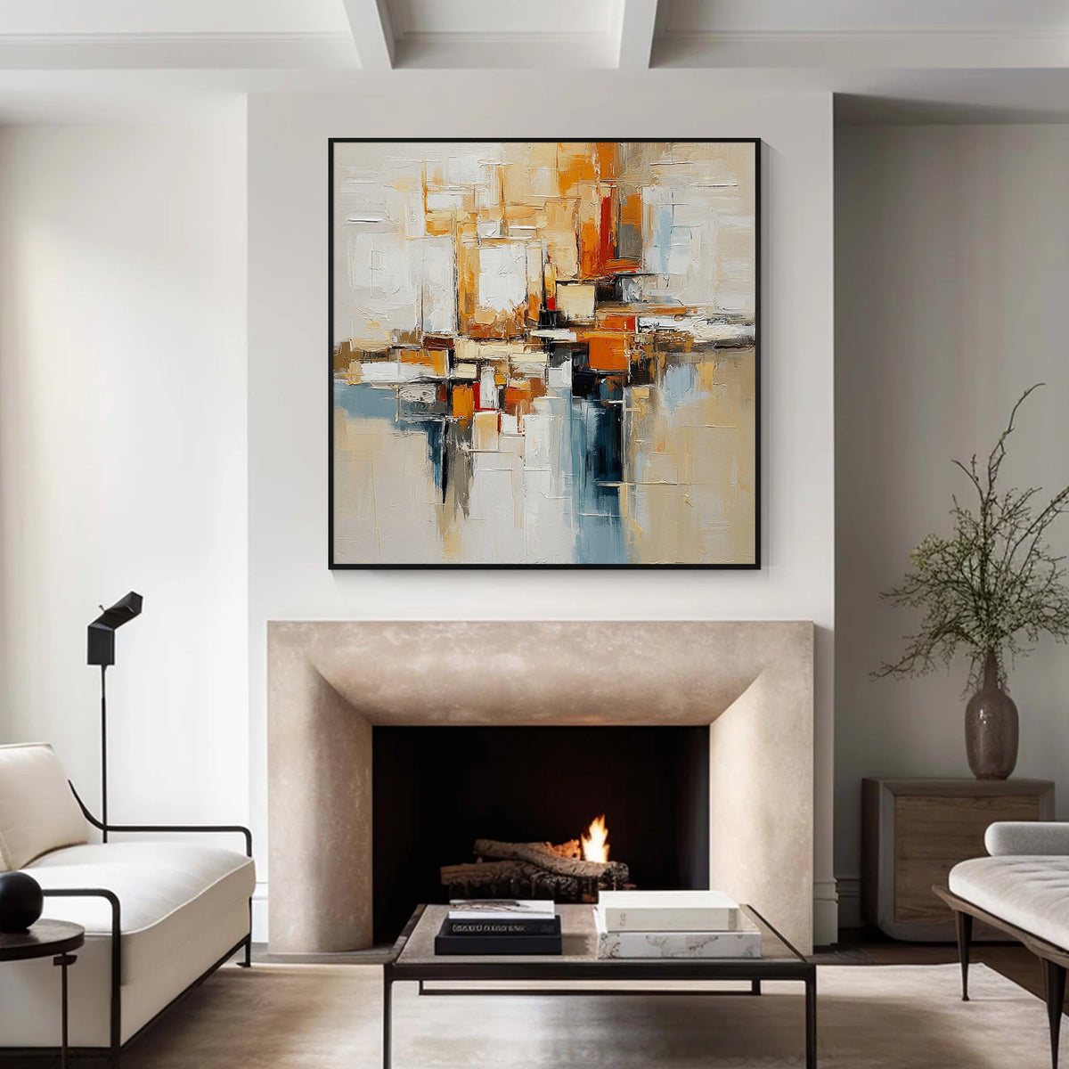 Beige orange and blue textured abstract wall art with black frame displayed above a fireplace, featuring layered brush strokes in a modern living room interior