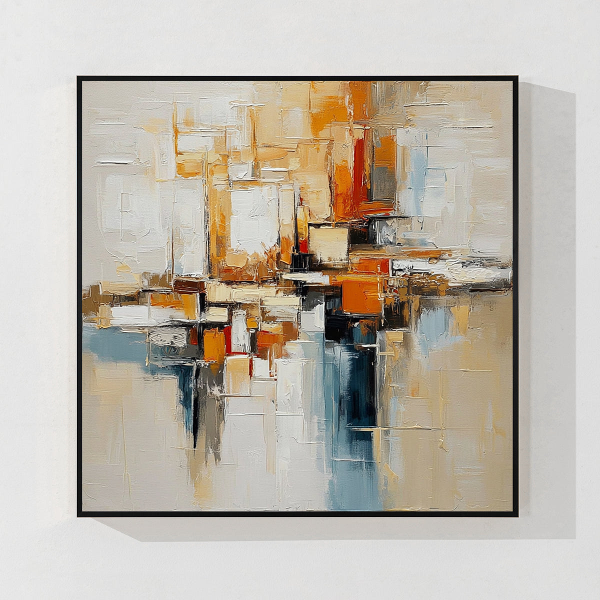 Beige orange and blue textured abstract wall art with black frame featuring modern layered brush strokes for contemporary home decor