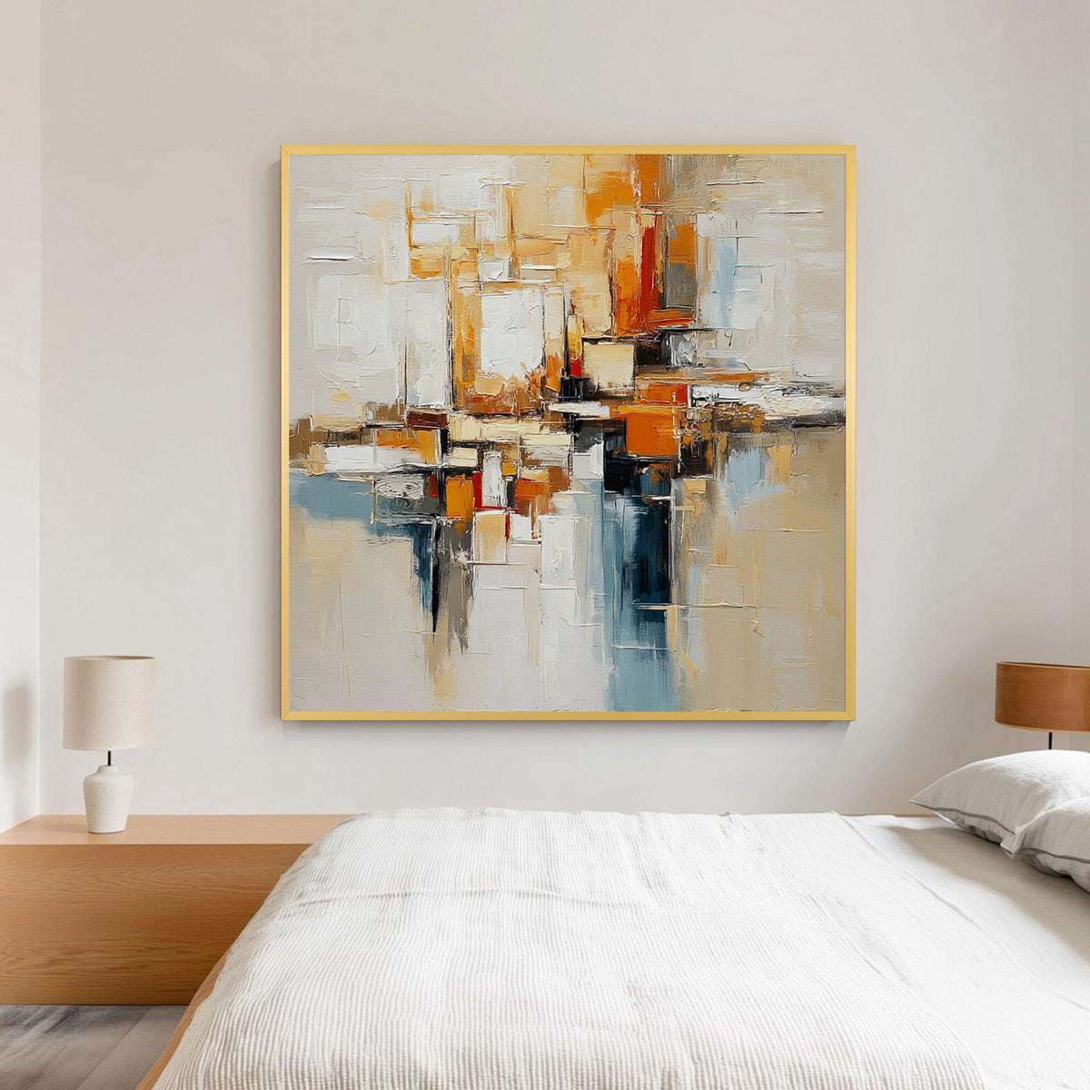 Beige orange and blue textured abstract wall art with gold frame displayed above a bed, featuring layered brush strokes and modern bedroom decor