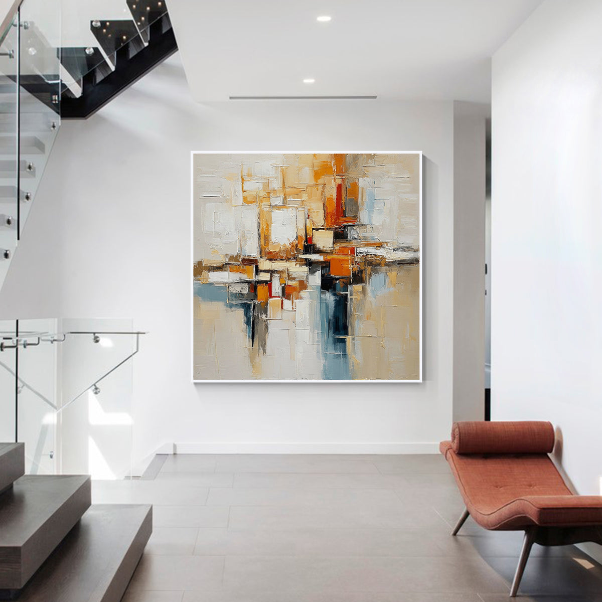Beige orange and blue textured abstract wall art with white frame displayed in a modern interior space, featuring layered brush strokes and contemporary minimalist design