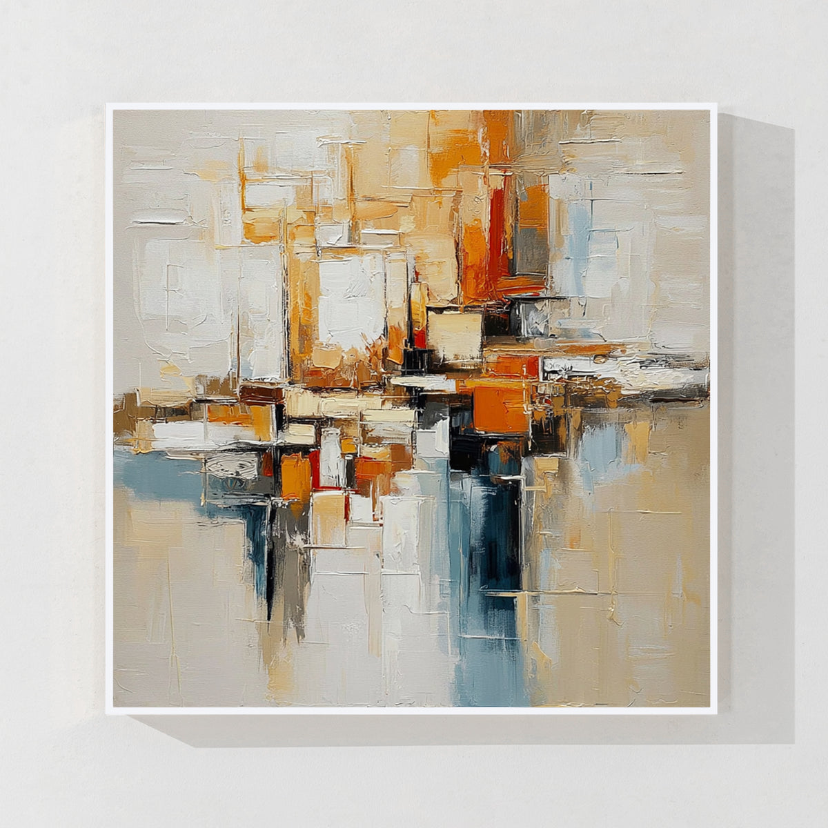 Beige orange and blue textured abstract wall art with white frame featuring soft neutral tones and modern minimalist interior style