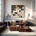 Black and beige abstract wall art with gold frame, textured geometric painting displayed in a modern luxury living room