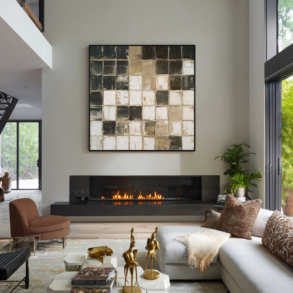 Black and beige geometric abstract wall art with black frame, textured modern painting for contemporary living room decor