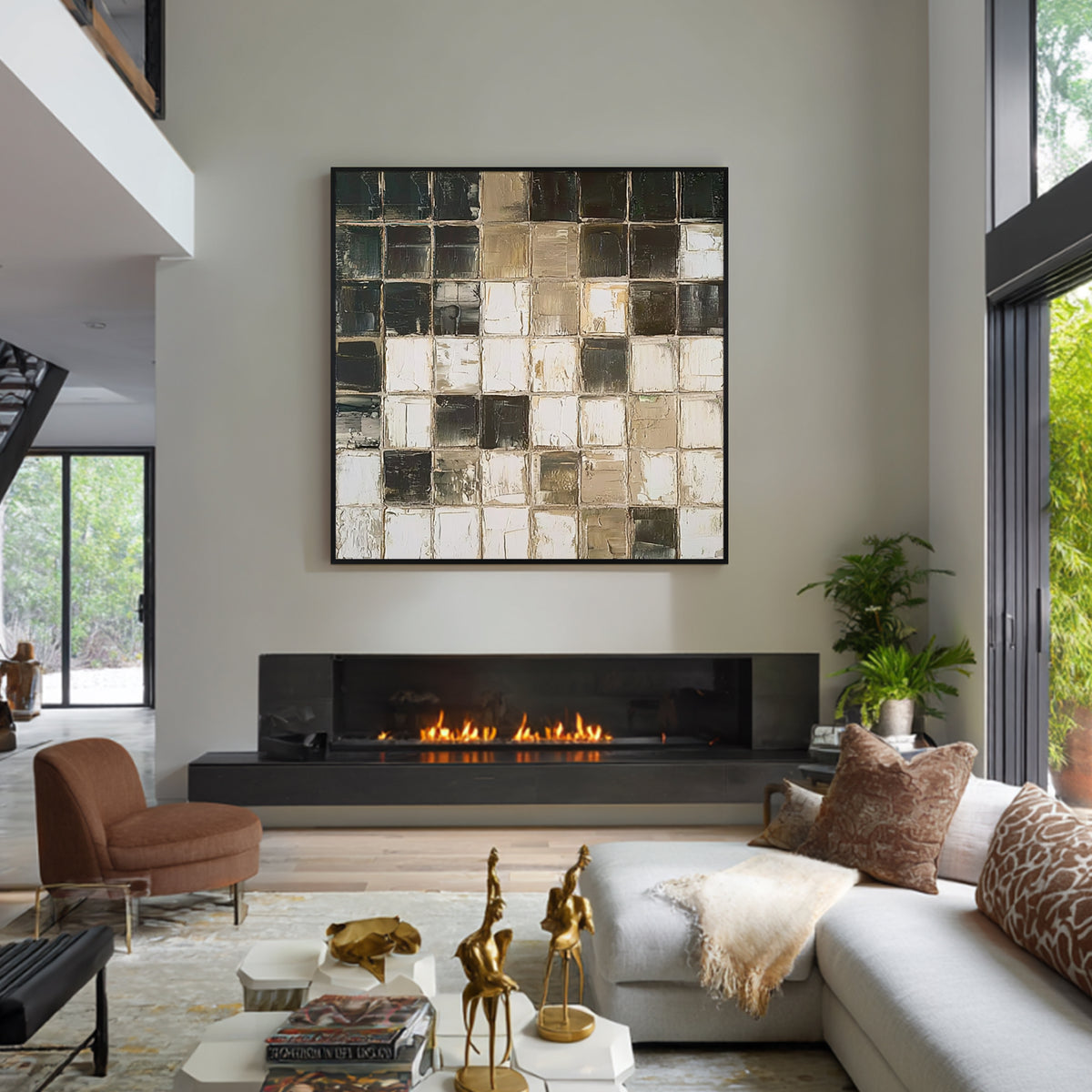 Black and beige geometric abstract wall art with black frame, textured modern painting for contemporary living room decor