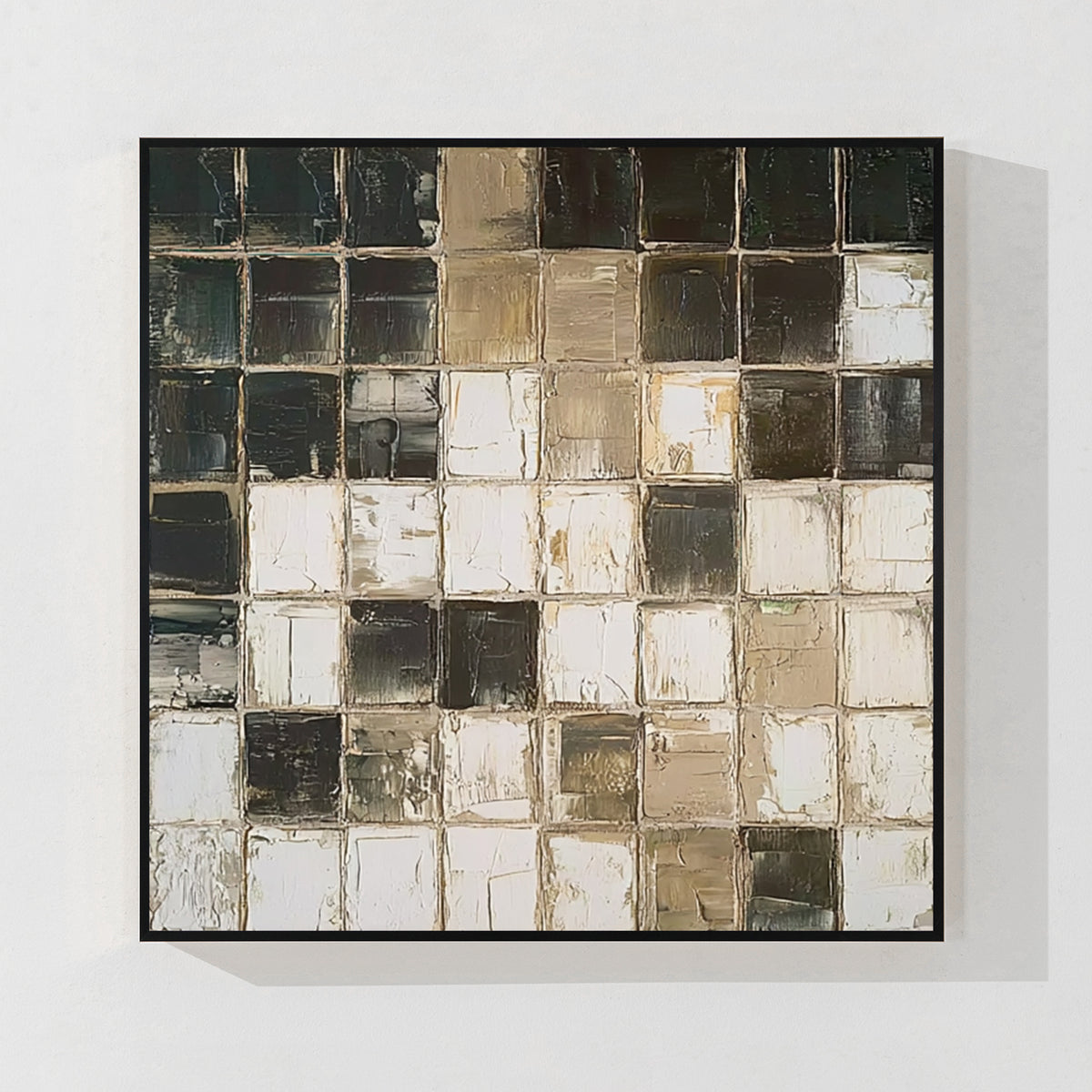Black and beige geometric abstract wall art with black frame, modern textured painting for living room decor
