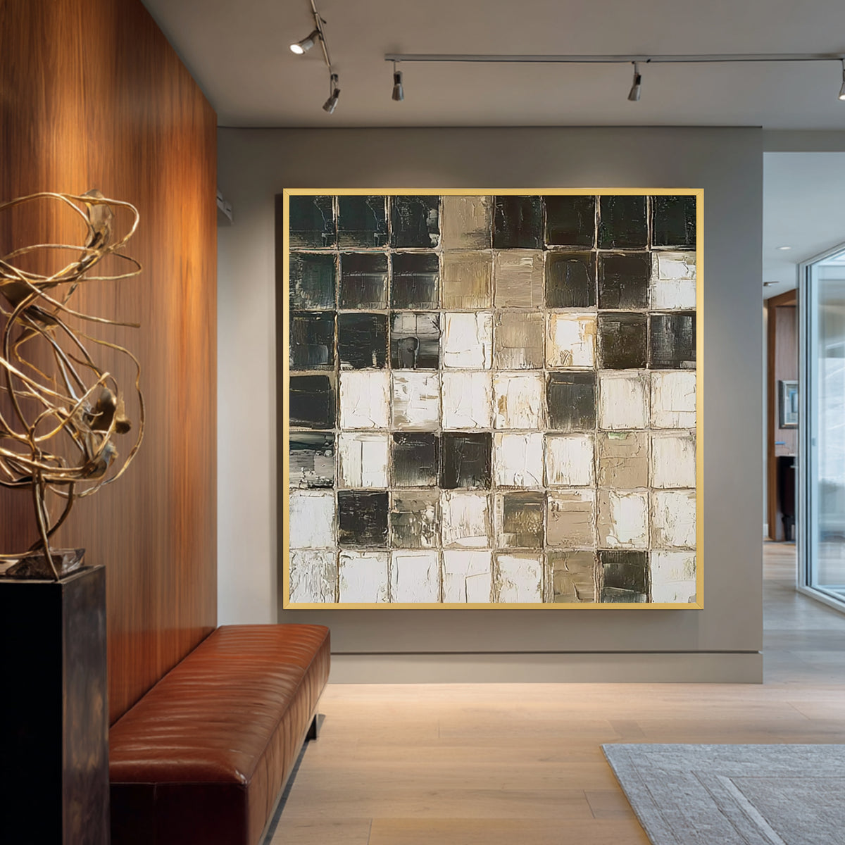 Black and beige geometric abstract wall art with gold frame, textured modern painting for luxury living room decor