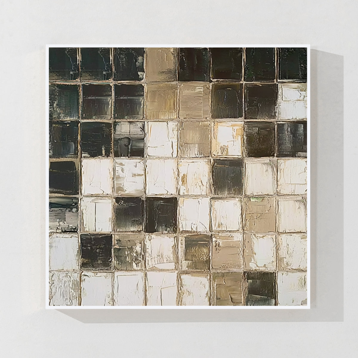 Black and beige geometric abstract wall art with white frame, minimalist textured painting for modern interior