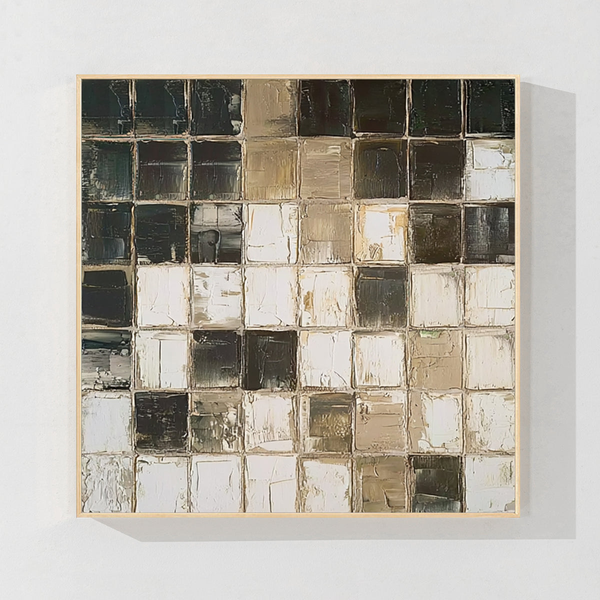 Black and beige geometric abstract wall art with wood frame, natural modern textured painting for home decor
